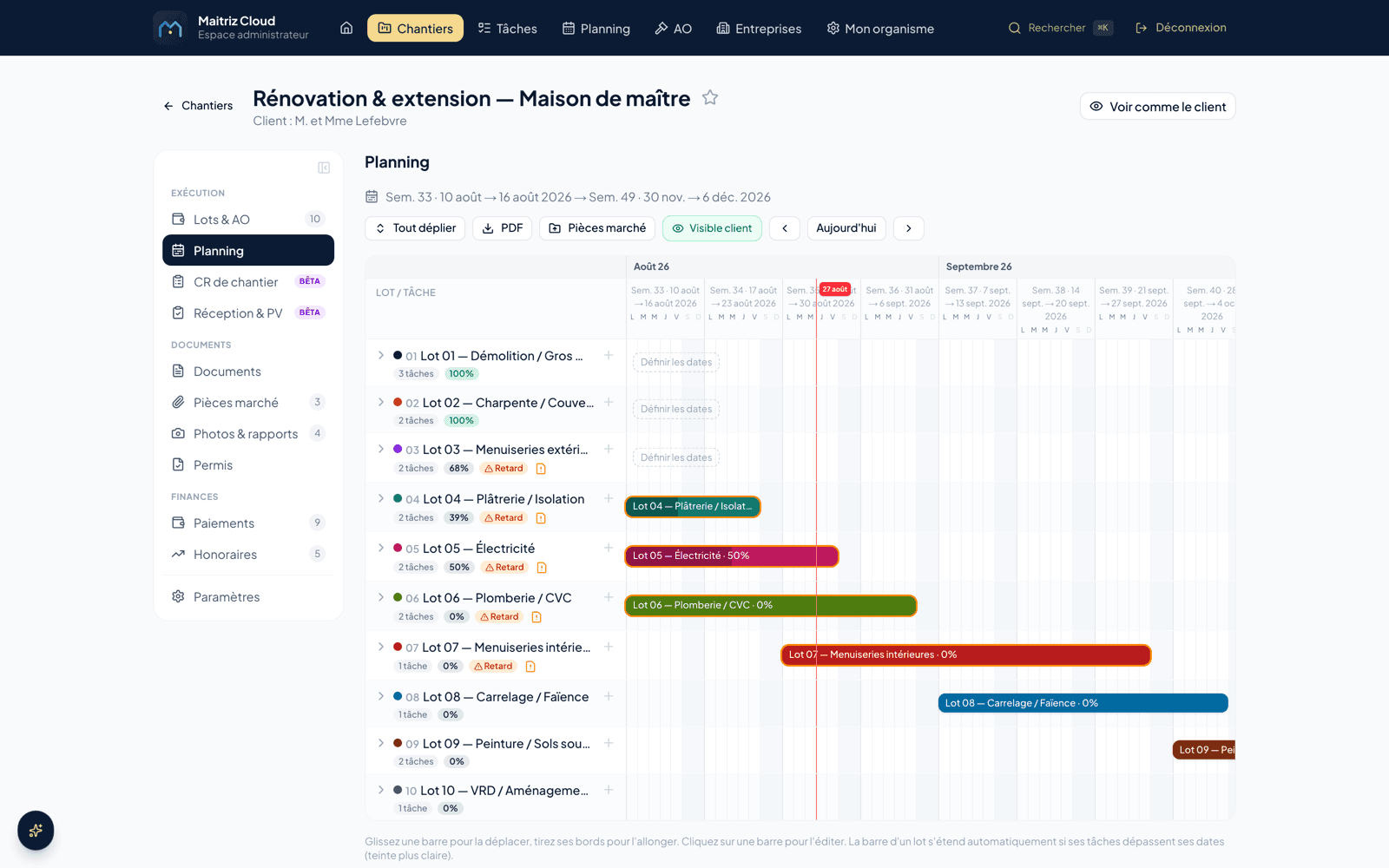 Planning Gantt d'un chantier dans Maitriz Cloud : couleurs par lot, avancement et retards